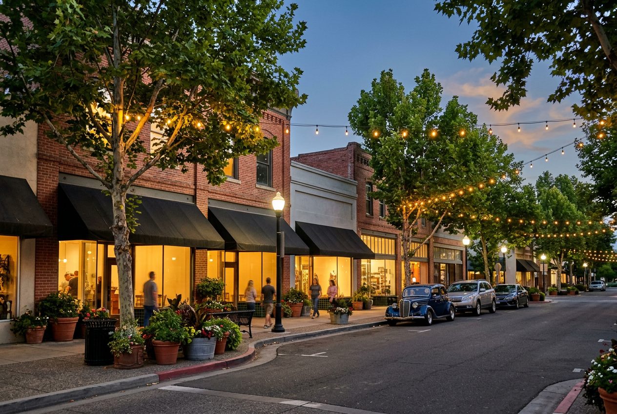 Tree lined street in downtown Visalia, California at dusk