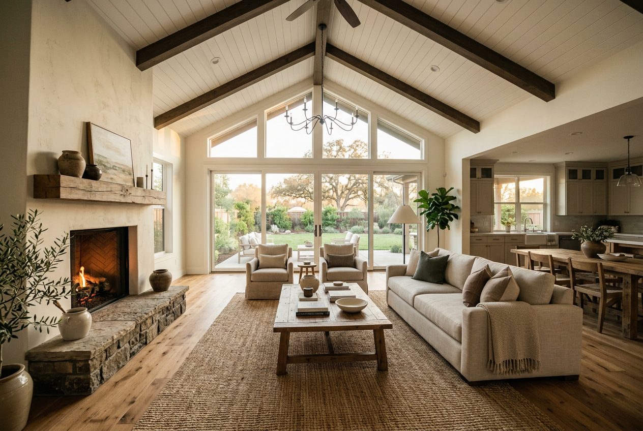 Bright Central Valley home living room with vaulted ceilings