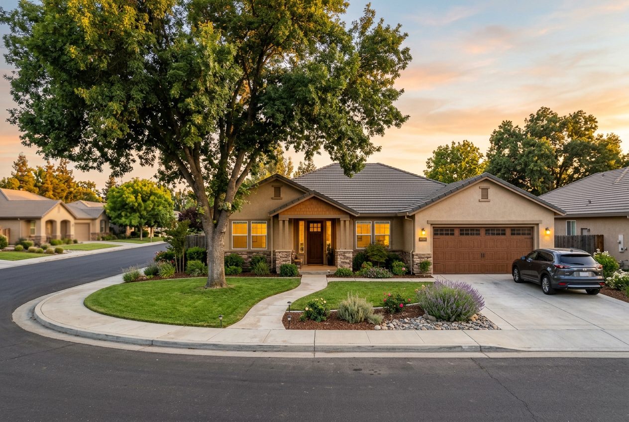 Single family home on a quiet Visalia cul de sac at golden hour
