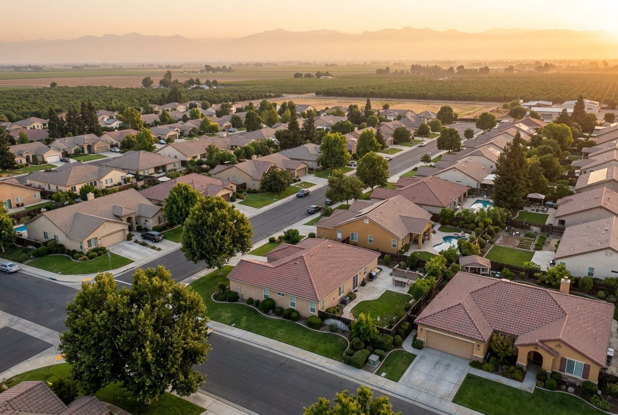 Visalia California neighborhood at golden hour with the Sierra foothills behind it