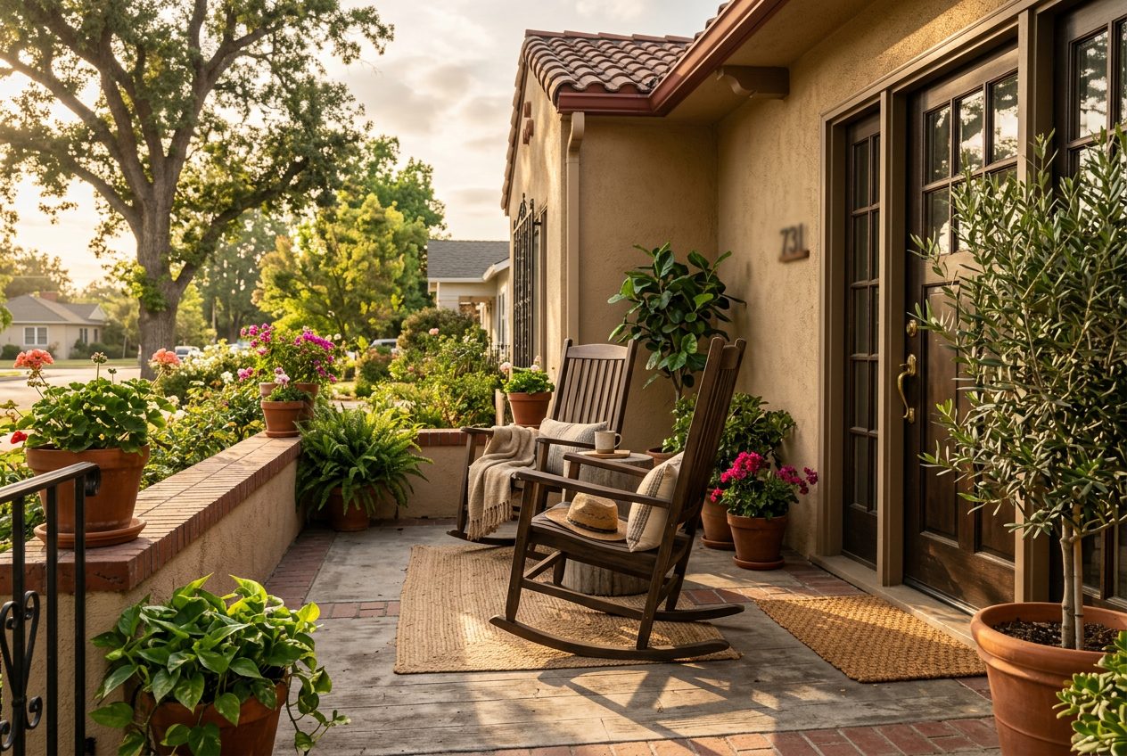 Front porch of a Central Valley home in the late afternoon