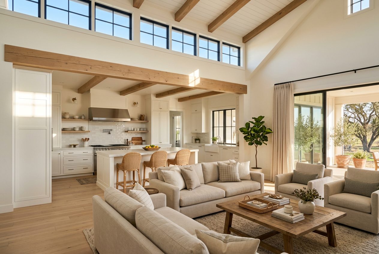 Bright Central Valley home great room with vaulted ceilings